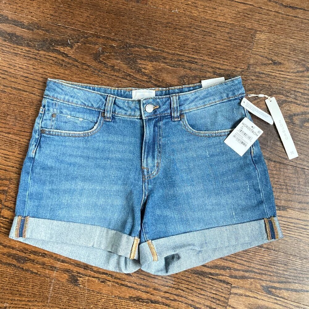 Caslon Cuffed Boyfriend Blue Denim Jean Shorts 5 Pocket Zip Front